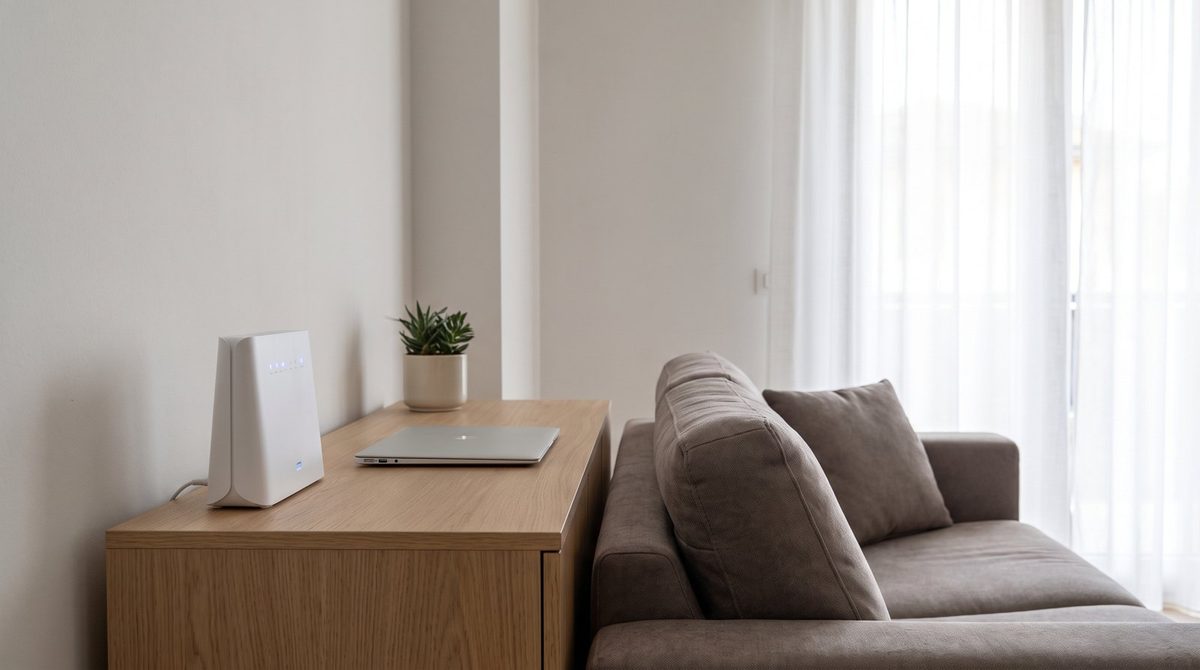 Router su una console in rovere in un soggiorno italiano, il modem che nelle offerte TIM fibra è incluso solo in alcuni profili