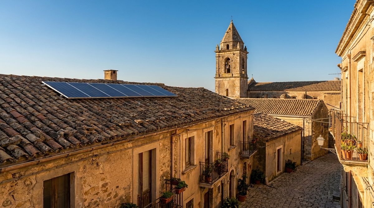 Pannelli solari sul tetto in coppi di una casa in un centro storico italiano, con un campanile sullo sfondo
