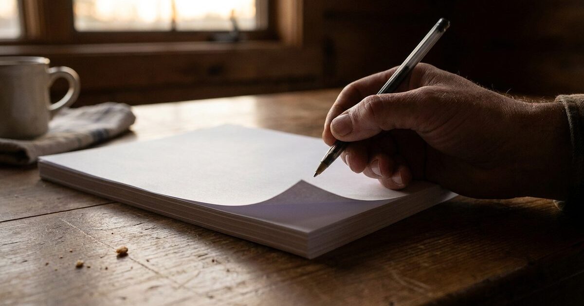 Mano che tiene una penna sopra una risma di fogli bianchi appoggiata su un tavolo di legno