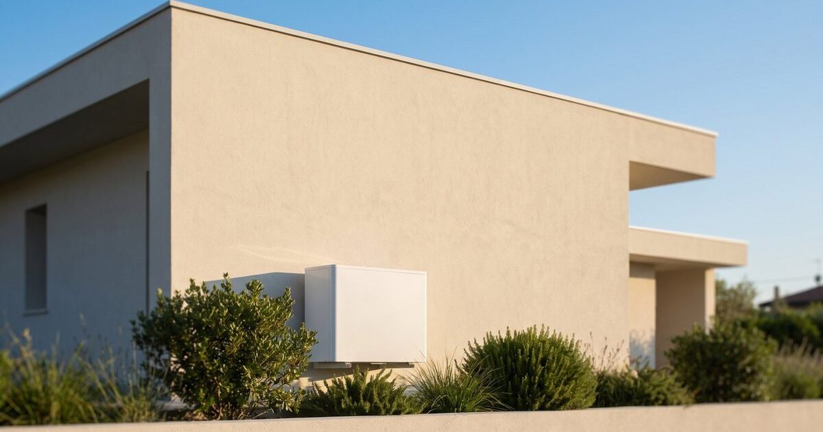 Unita' esterna di una pompa di calore installata sulla parete di una casa italiana contemporanea