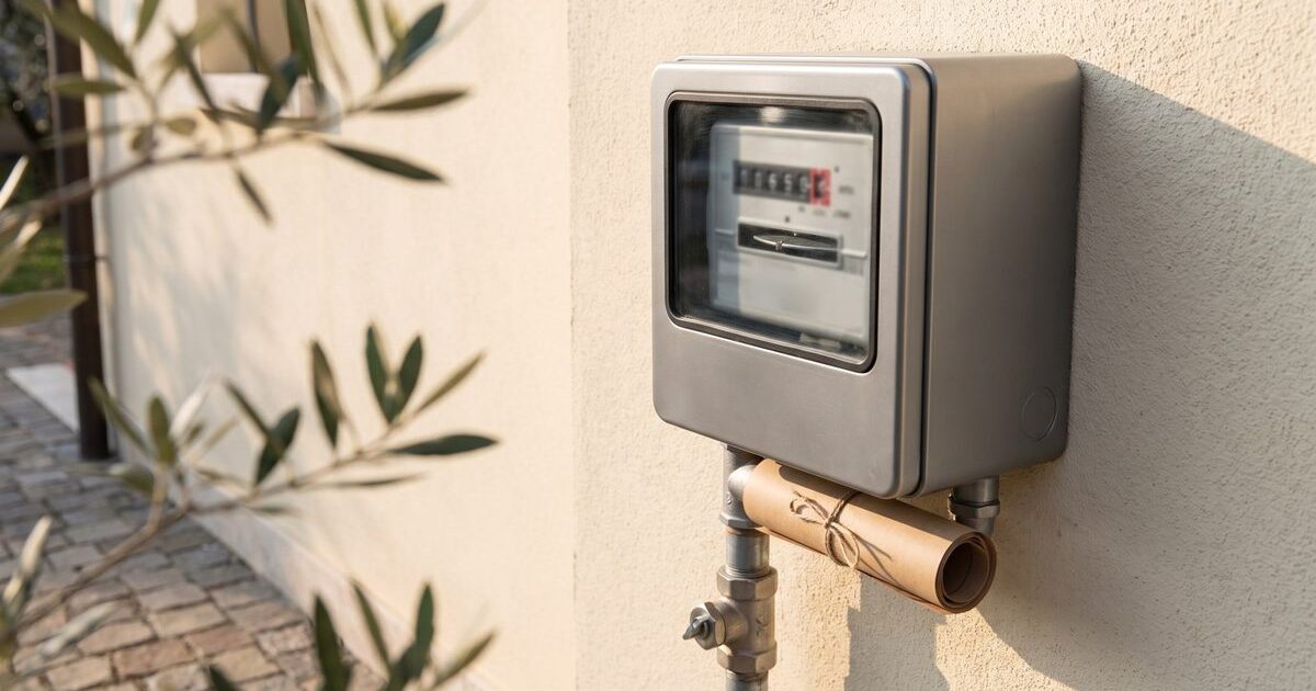 Contatore del gas sul muro esterno di una casa italiana, con una bolletta arrotolata infilata dietro il tubo
