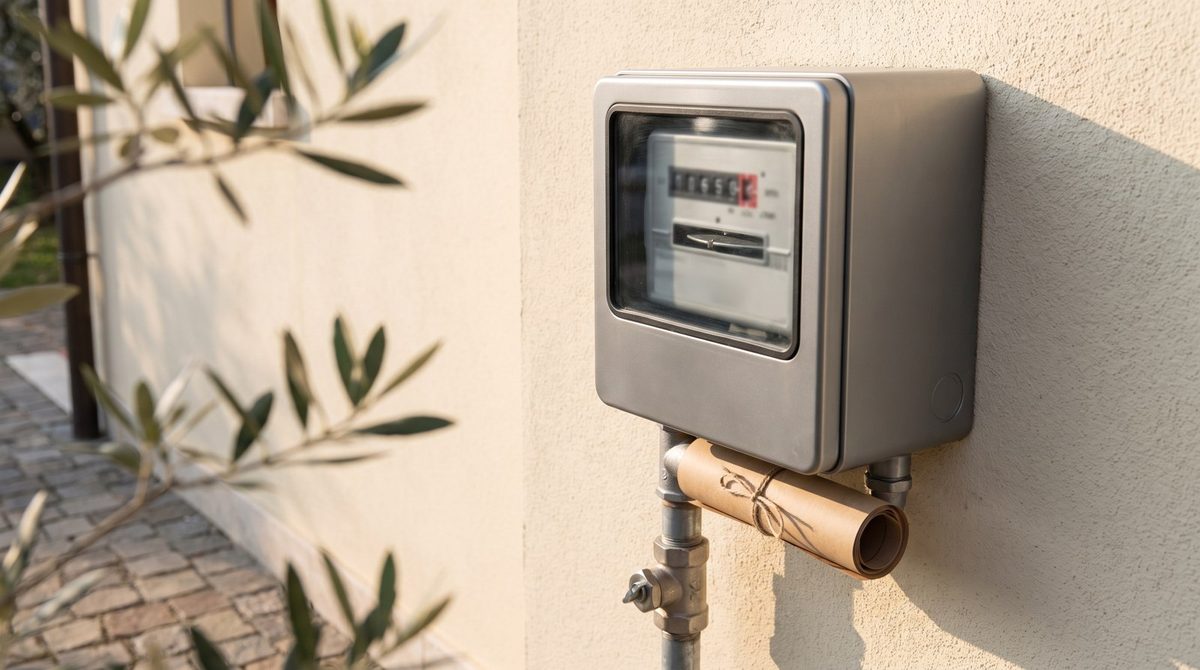 Prezzo gas oggi: contatore del gas sul muro esterno di una casa italiana, con una bolletta arrotolata infilata dietro il tubo