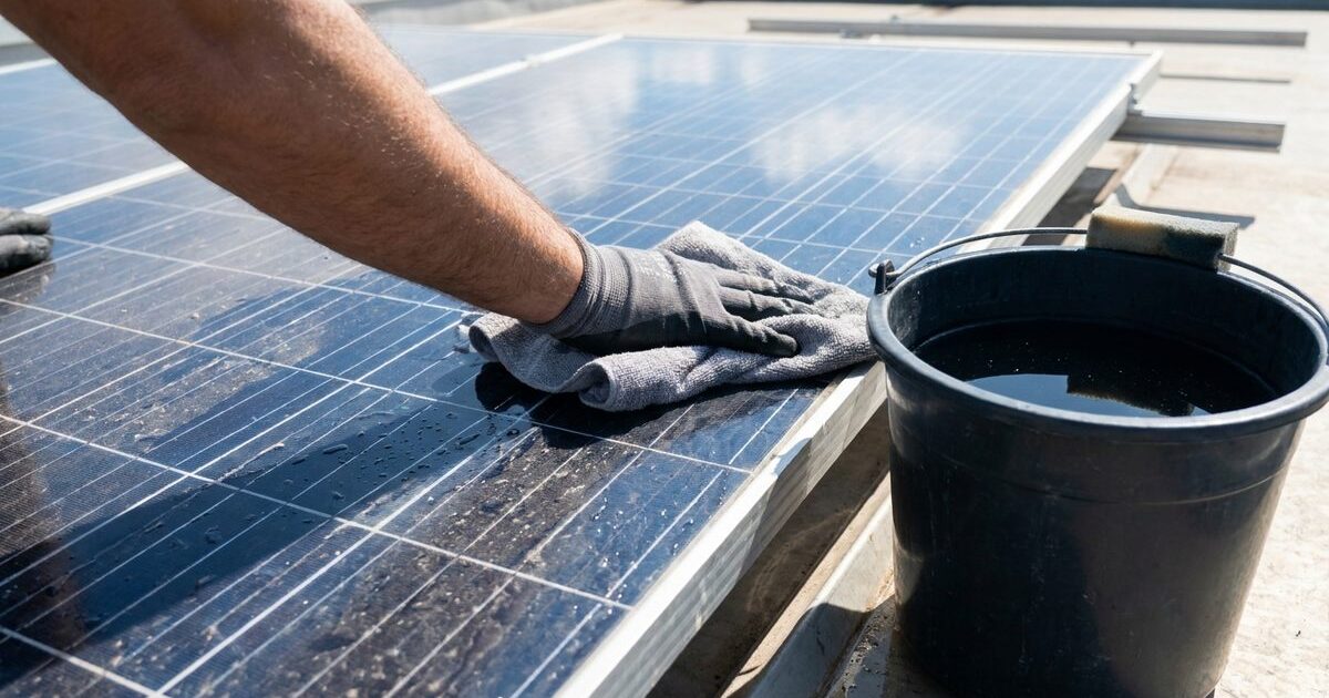 Mano con guanto che passa un panno umido su un pannello solare, accanto un secchio d'acqua