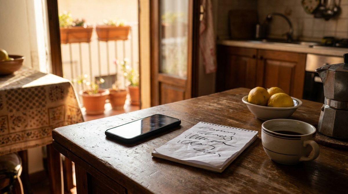 Telefono a faccia in giù su un tavolo di cucina, dopo una telefonata su un'offerta di fotovoltaico a costo zero, con blocco note e tazzina di caffè accanto