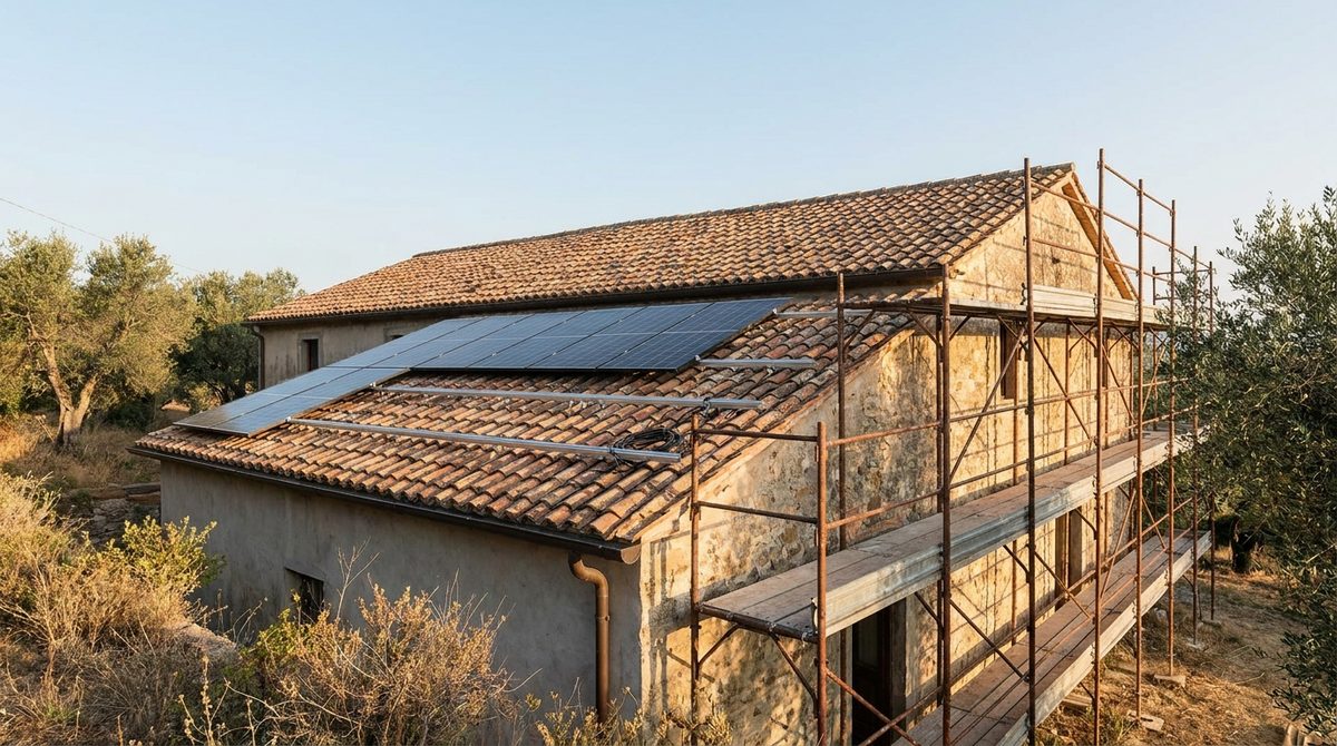 Pannelli solari montati su un tetto in ristrutturazione, l'intervento tipico soggetto all'obbligo fotovoltaico ristrutturazione 2026