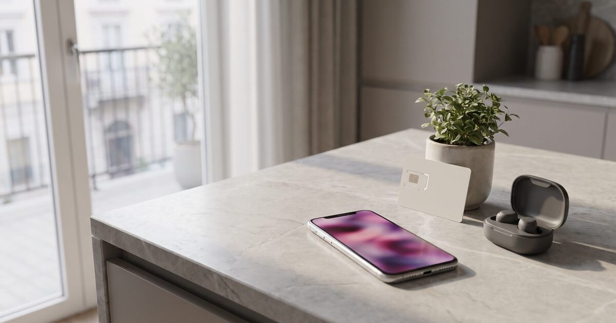 Smartphone con schermo magenta accanto a una SIM bianca su un piano di marmo in un appartamento italiano, immagine della scheda Very Mobile