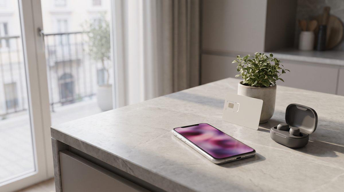 Very Mobile e alternative dei nostri partner: smartphone accanto a una SIM bianca su un piano di marmo