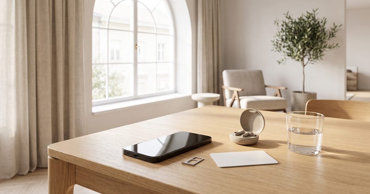 Smartphone con schermo spento, cassetto per la SIM e auricolari su un tavolo di legno chiaro in un appartamento italiano, immagine di apertura della scheda Vodafone