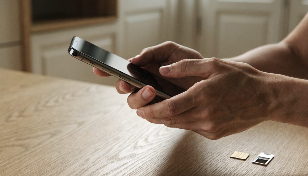 Lyca Mobile: due mani tengono uno smartphone sopra un tavolo di legno chiaro, accanto una scheda SIM e il vassoio porta-SIM estratto