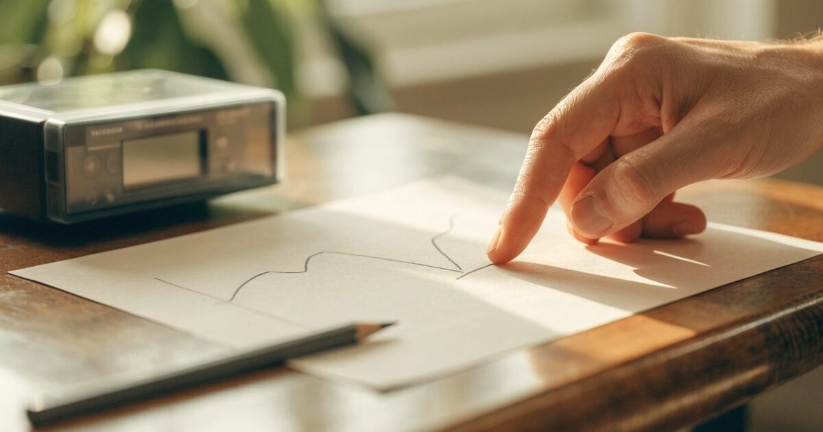 Una mano segue con il dito una linea spezzata che sale e scende, disegnata a matita su un foglio bianco, accanto a un contatore elettrico e a una matita