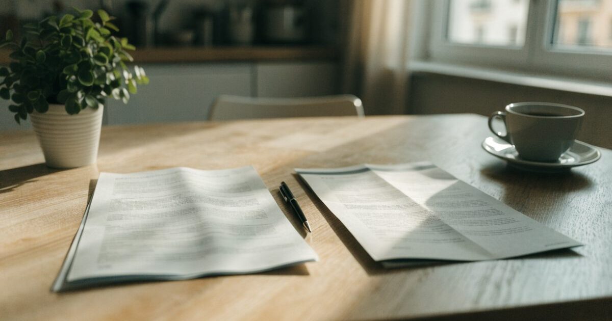 Due fascicoli di contratto aperti e affiancati su un tavolo da cucina di legno, con una penna appoggiata in mezzo, una tazza di caffe' e una piantina