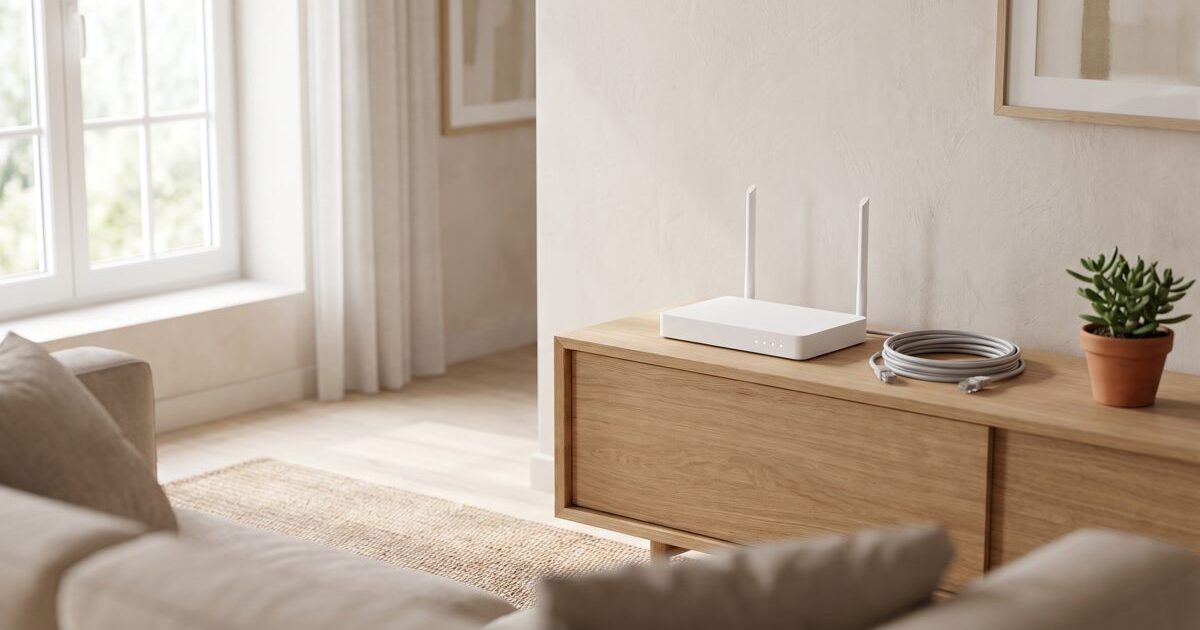Router Wi-Fi bianco senza marchi con due antenne e cavo di rete arrotolato su un mobile basso in un salotto italiano, immagine di apertura della scheda WindTre Super Fibra