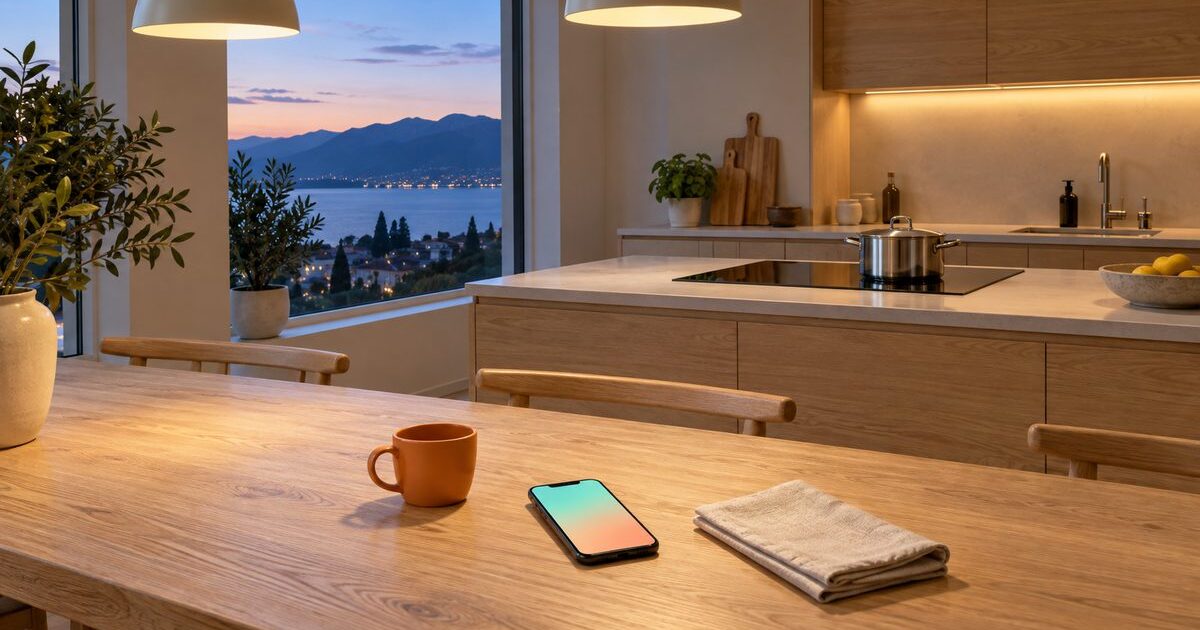 Bluenergy luce e gas: cucina di casa la sera, una pentola sul piano a induzione e lo smartphone sul tavolo