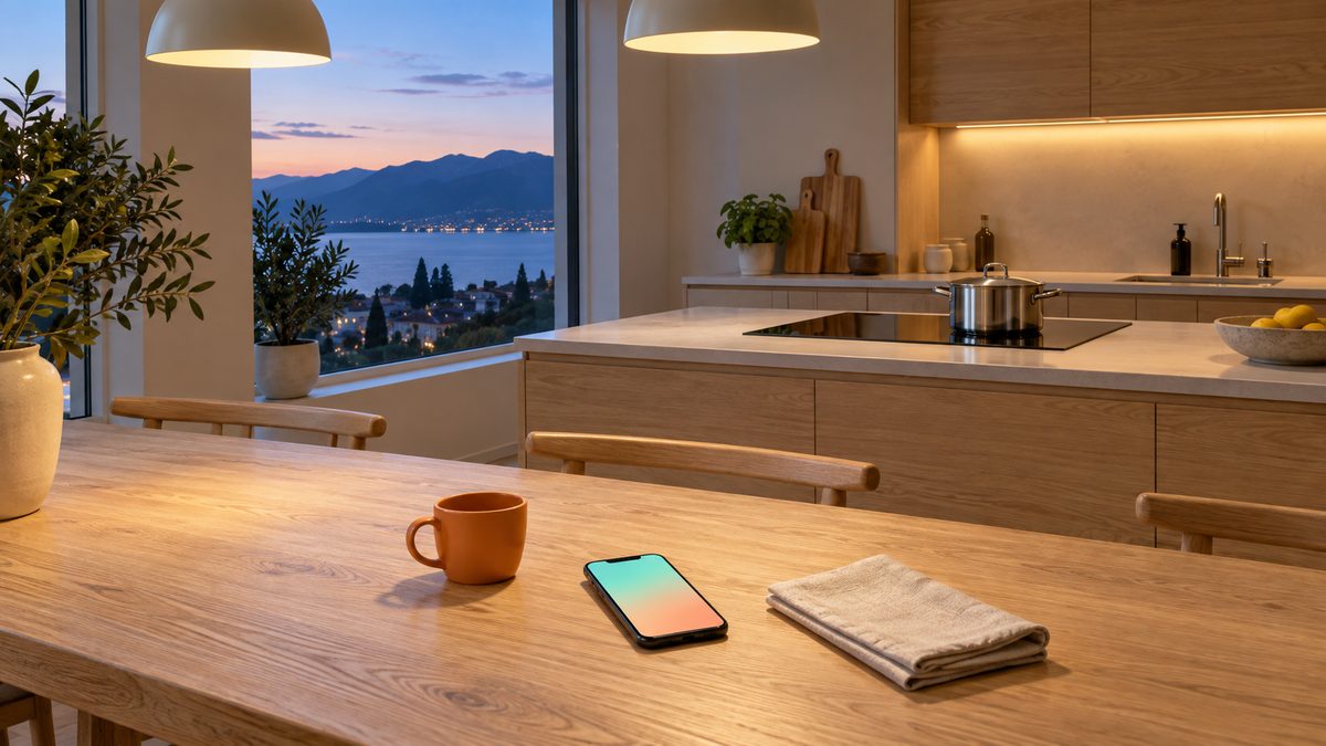 Bluenergy luce e gas: cucina di casa la sera, una pentola sul piano a induzione e lo smartphone sul tavolo