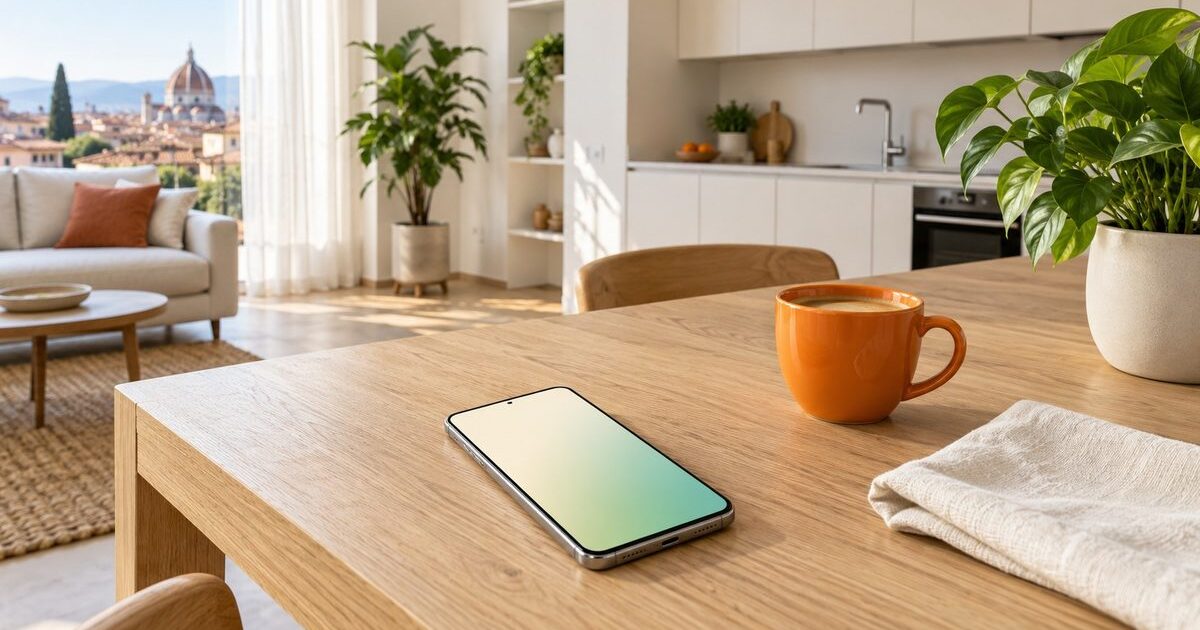 Smartphone su un tavolo in rovere in una cucina luminosa con vista su Firenze, per gestire luce e gas Lene dall'app