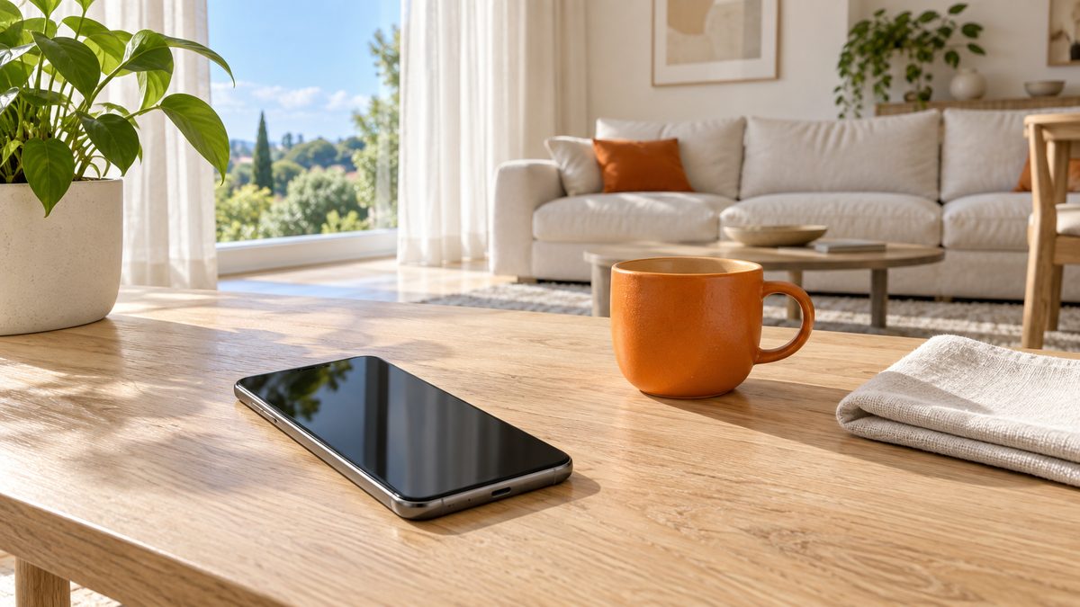 Lene luce e gas: smartphone su un tavolo in rovere in un soggiorno luminoso, perché il contratto si firma e si gestisce online