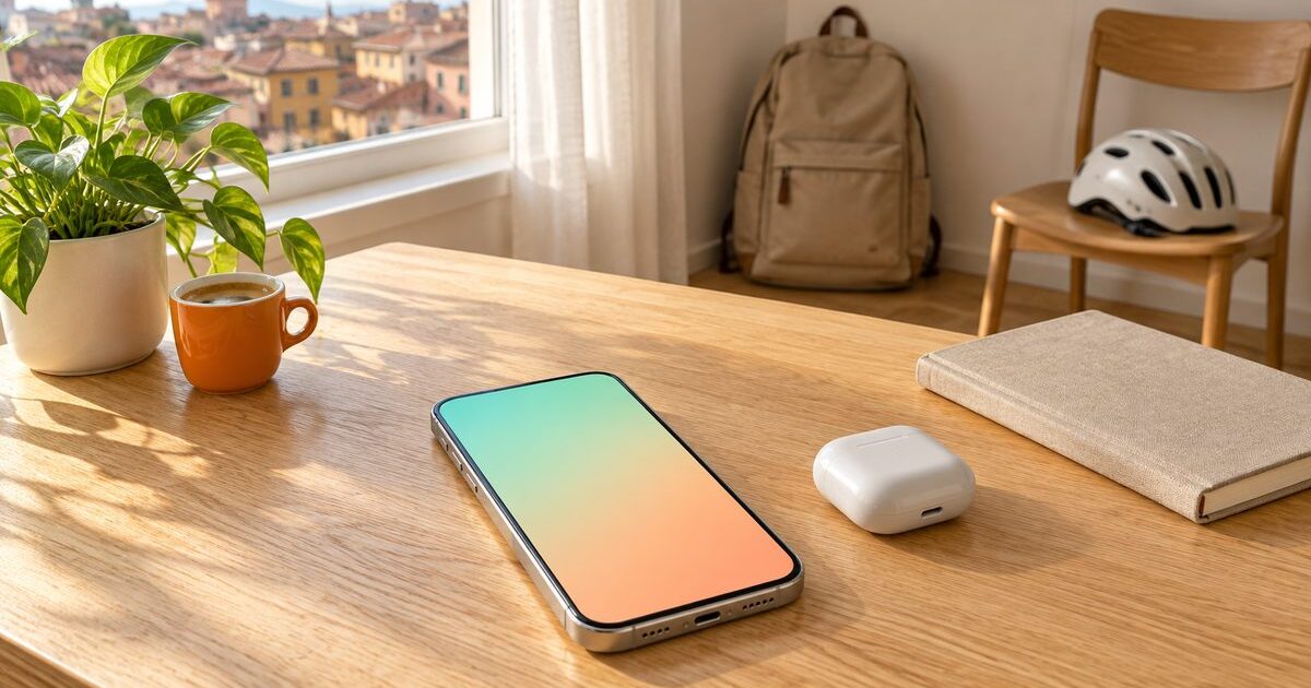 Offerte mobile under 30: smartphone su una scrivania di legno, con zaino e casco da bici in una stanza luminosa