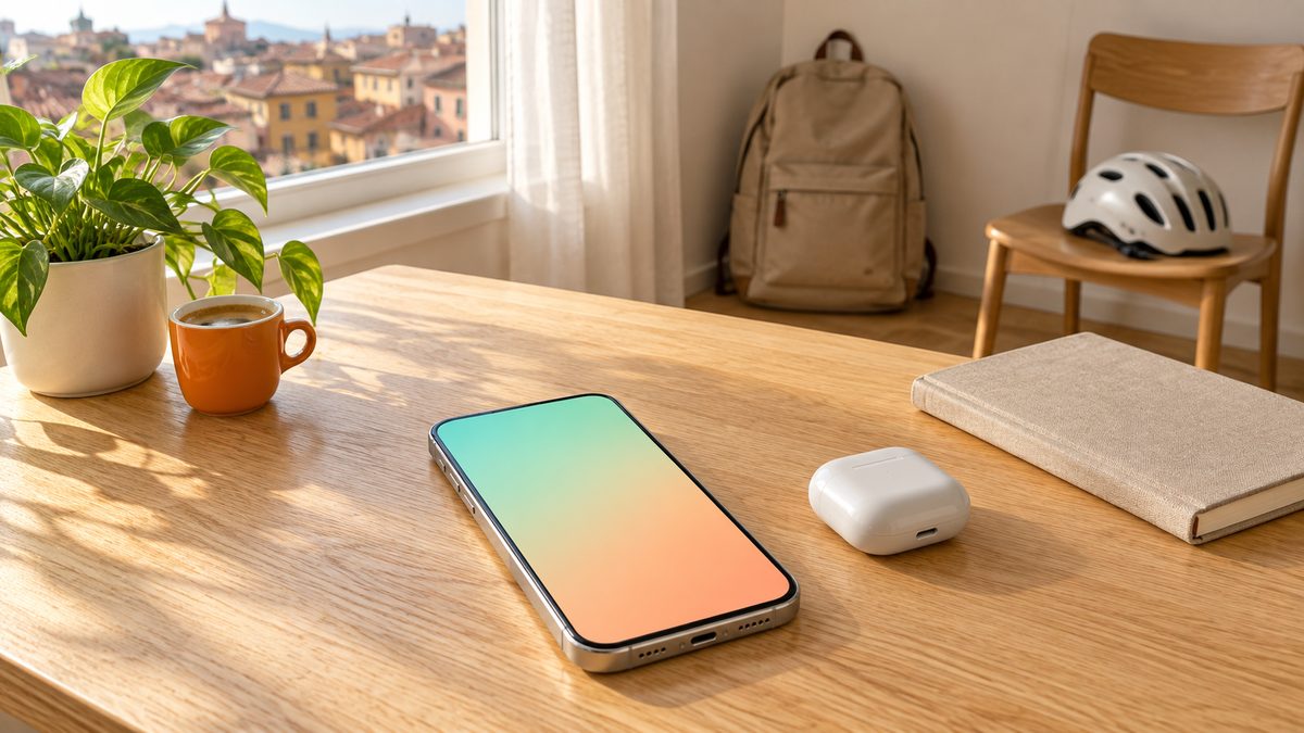 Offerte mobile under 30: smartphone su una scrivania di legno, con zaino e casco da bici in una stanza luminosa