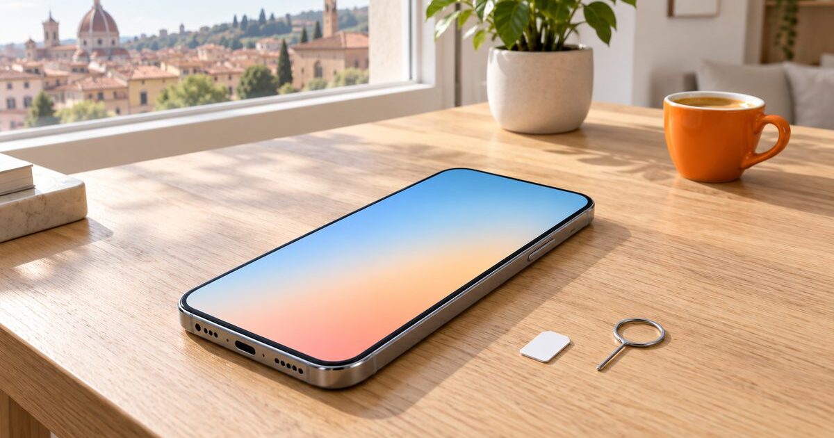 Offerte TIM mobile: smartphone su un tavolo di legno accanto alla SIM e allo spillo per cambiarla, con i tetti di una città italiana alla finestra