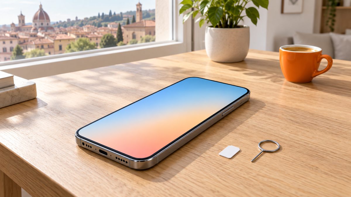 Offerte TIM mobile: smartphone su un tavolo di legno accanto alla SIM e allo spillo per cambiarla, con i tetti di una città italiana alla finestra