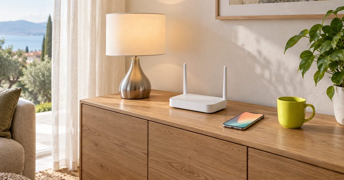 Promo del mese: router Wi-Fi e smartphone su un mobile del soggiorno accanto a una lampada accesa