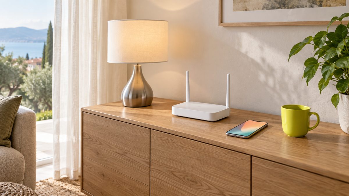Promo del mese: router Wi-Fi e smartphone su un mobile del soggiorno accanto a una lampada accesa